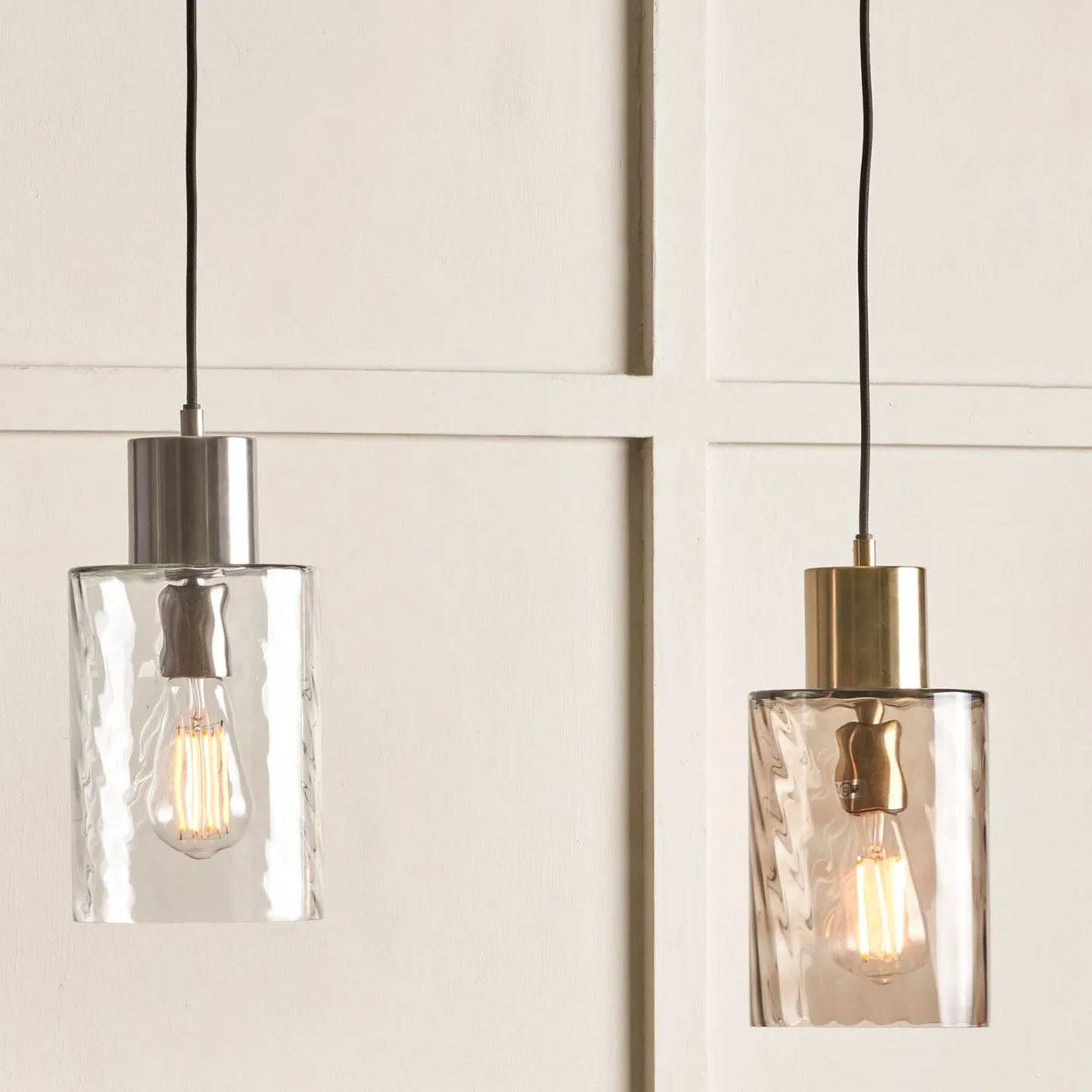 Ripple Optic Clear Glass Adjustable Pendant Ceiling Light with Brushed Silver Fittings – Wavy Textured Glass Lighting 186x15x15cm | Click Style