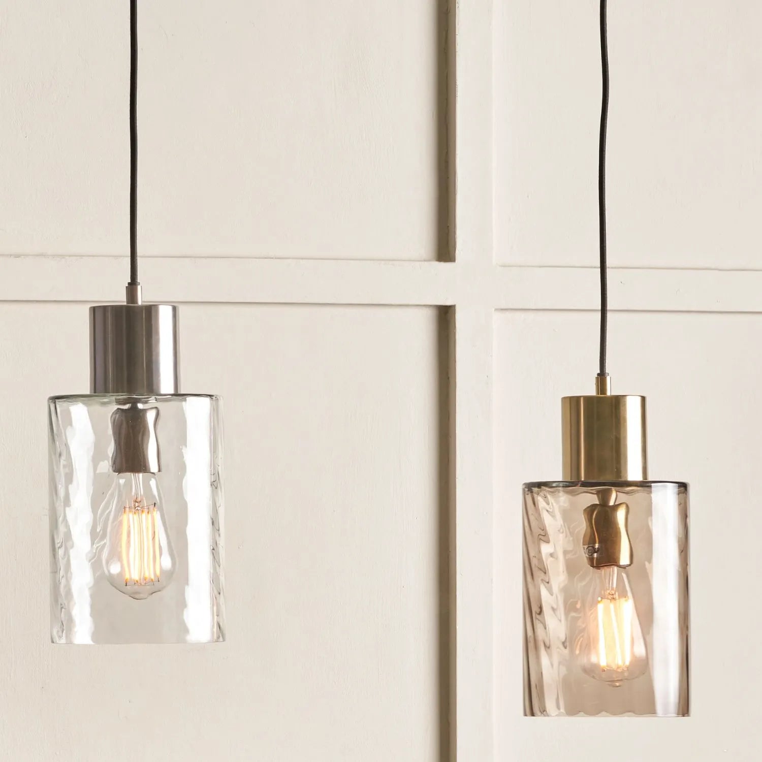 Ripple Optic Clear Glass Adjustable Pendant Ceiling Light with Brushed Silver Fittings – Wavy Textured Glass Lighting 186x15x15cm | Click Style