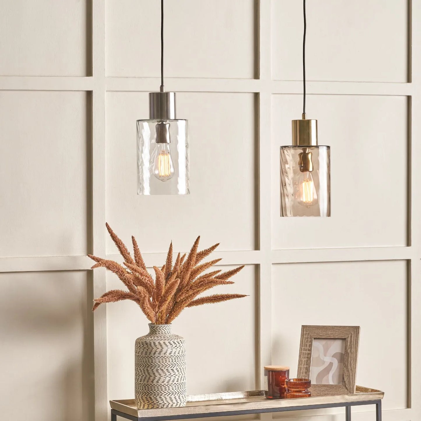 Ripple Optic Clear Glass Adjustable Pendant Ceiling Light with Brushed Silver Fittings – Wavy Textured Glass Lighting 186x15x15cm | Click Style