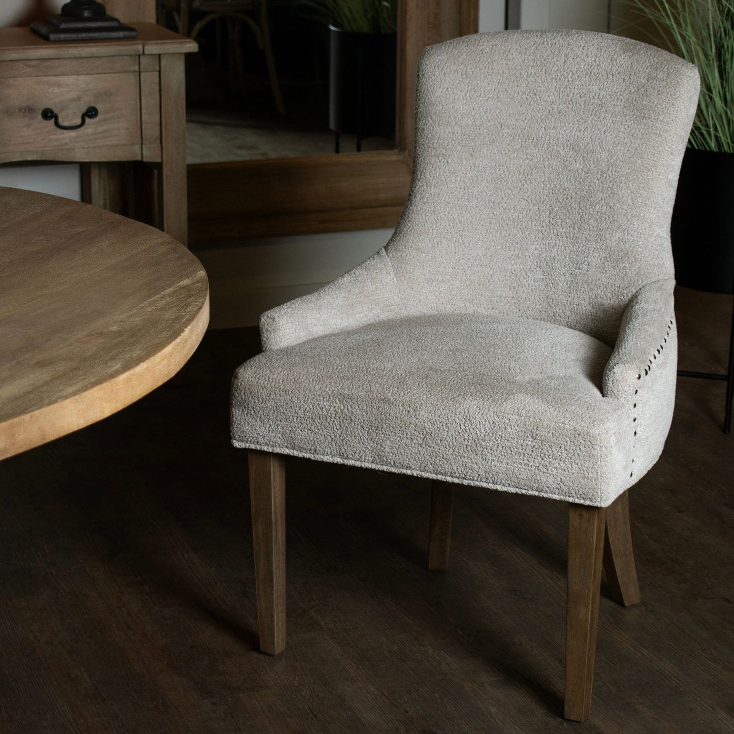 Riveted Cashmere Beige Bouclé Fabric Dining Chair