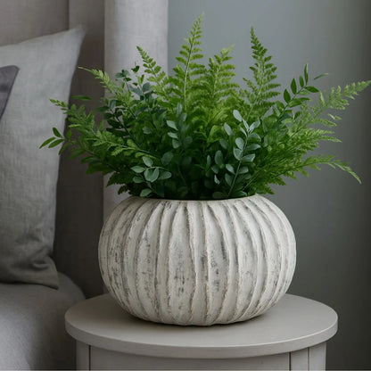 Rotund Neutral Grey & White-Washed Textured Ceramic Vase with Carved Vertical Detailing – Rounded Decorative Sculptural Vase with Textured Finish 20x30x30cm | Click Style