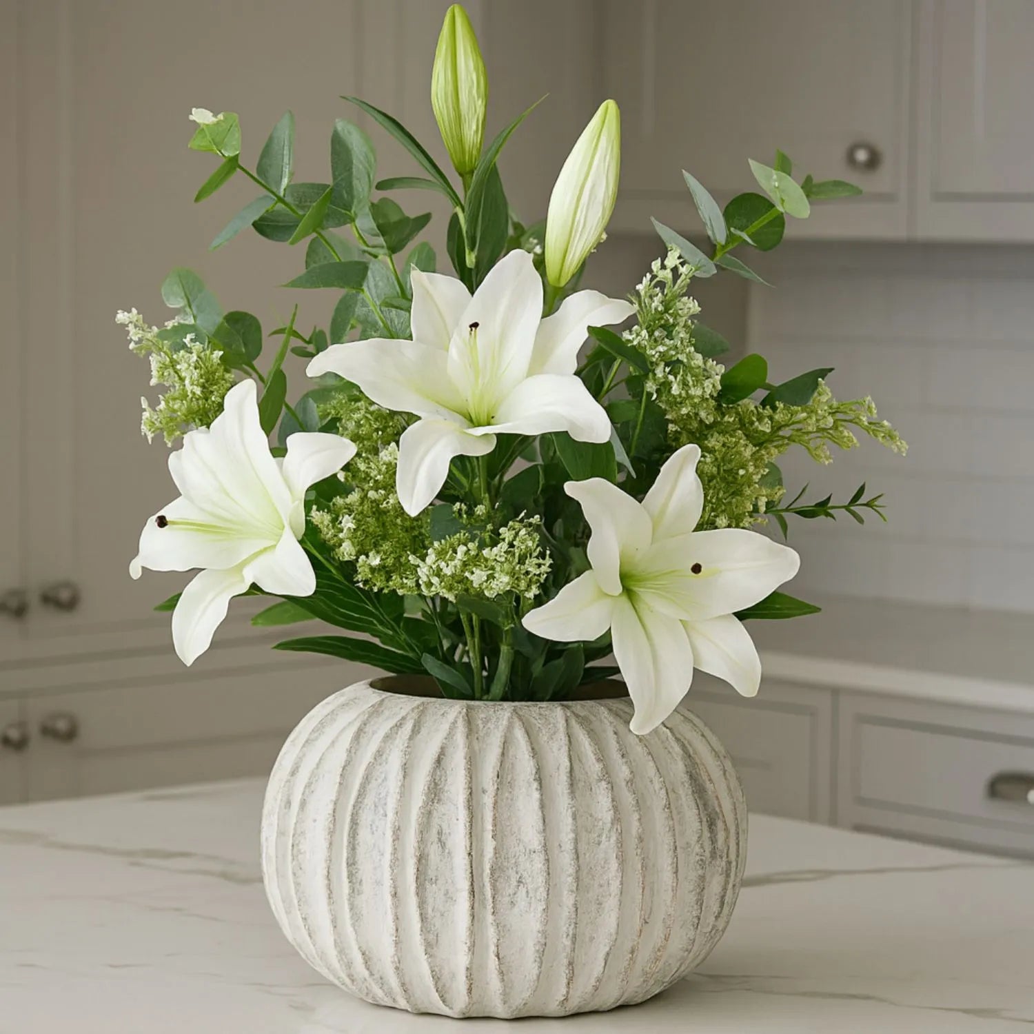 Rotund Neutral Grey & White-Washed Textured Ceramic Vase with Carved Vertical Detailing – Rounded Decorative Sculptural Vase with Textured Finish 20x30x30cm | Click Style