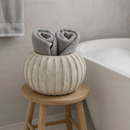 Rotund Neutral Grey & White-Washed Textured Ceramic Vase with Carved Vertical Detailing – Rounded Decorative Sculptural Vase with Textured Finish 20x30x30cm | Click Style