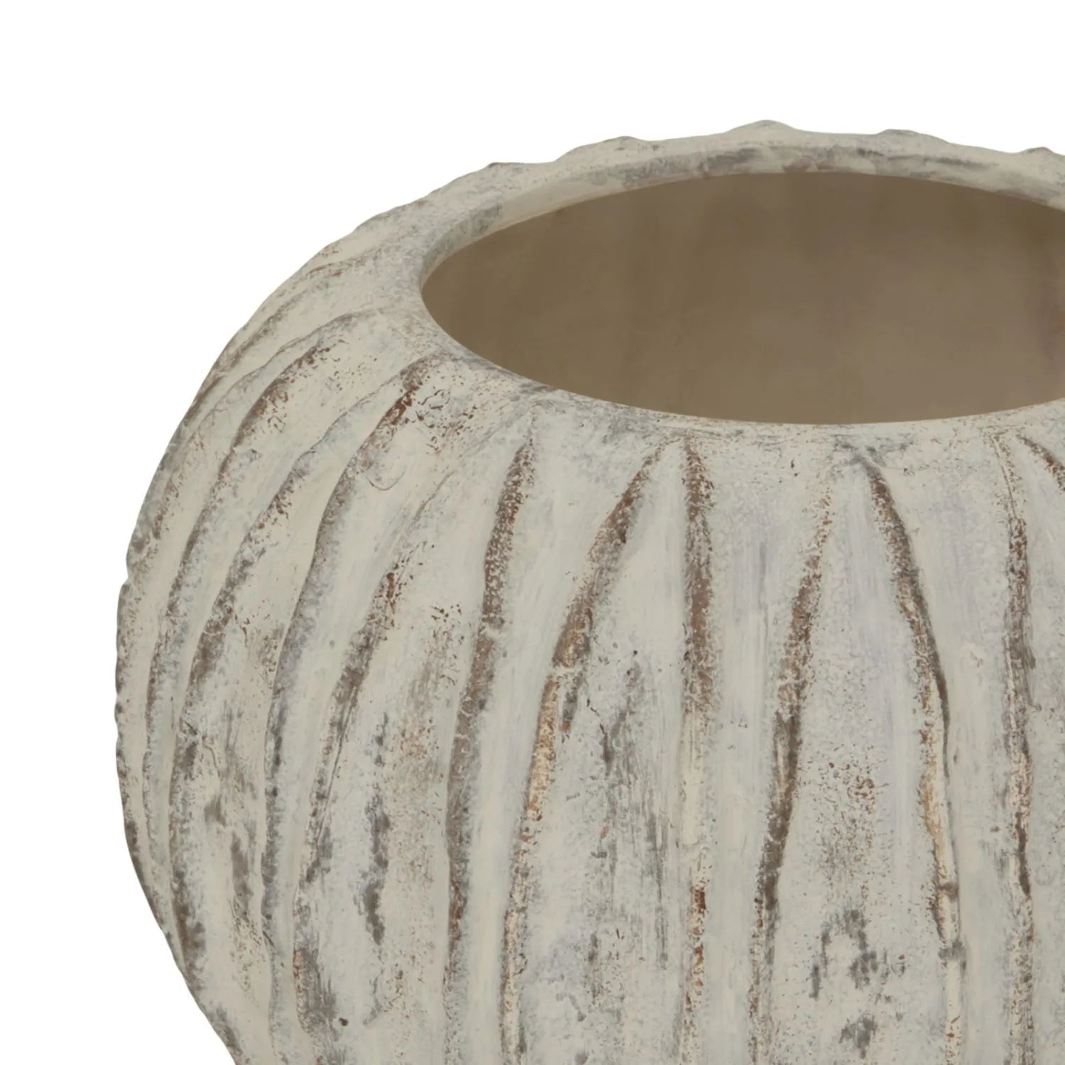 Rotund Neutral Grey & White-Washed Textured Ceramic Vase with Carved Vertical Detailing – Rounded Decorative Sculptural Vase with Textured Finish 20x30x30cm | Click Style