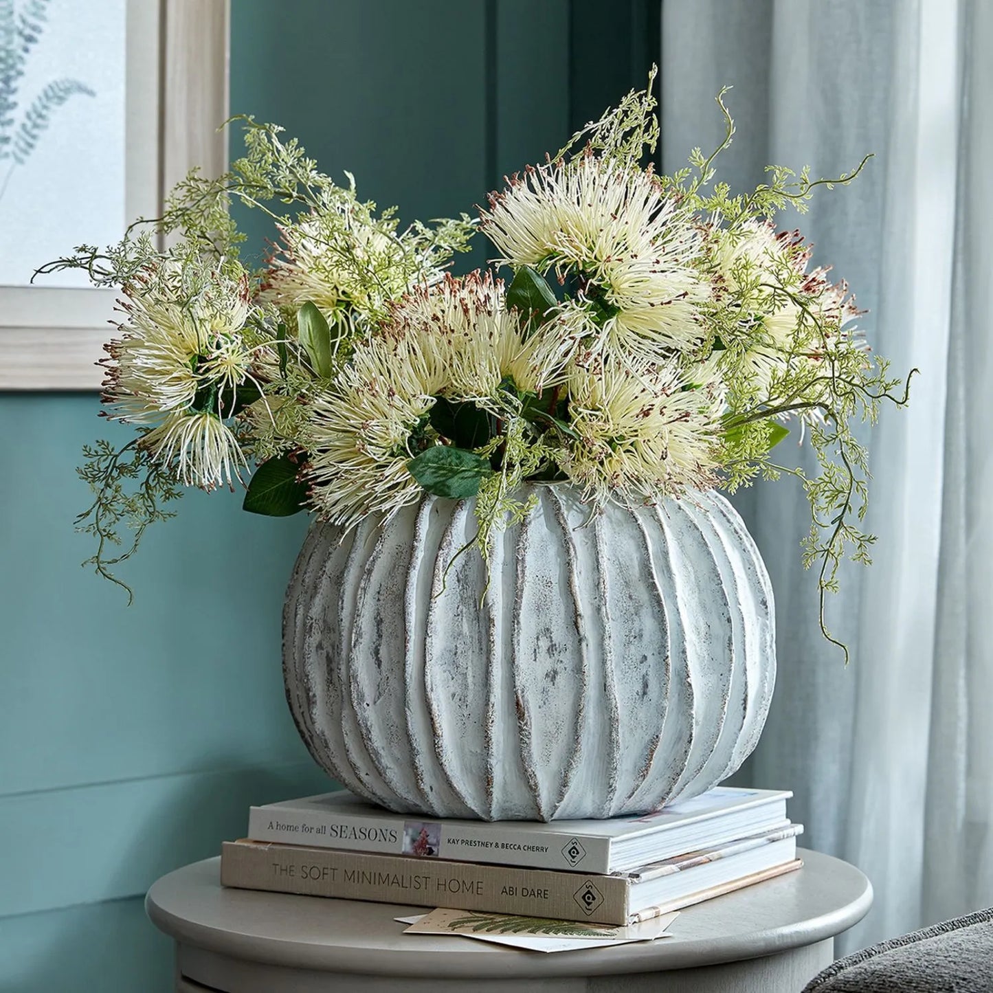 Rotund Neutral Grey & White-Washed Textured Ceramic Vase with Carved Vertical Detailing – Rounded Decorative Sculptural Vase with Textured Finish 20x30x30cm | Click Style