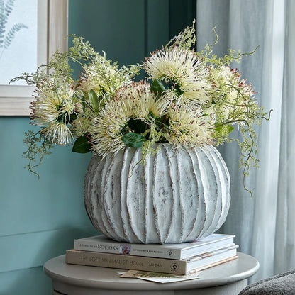 Rotund Neutral Grey & White-Washed Textured Ceramic Vase with Carved Vertical Detailing – Rounded Decorative Sculptural Vase with Textured Finish 20x30x30cm | Click Style