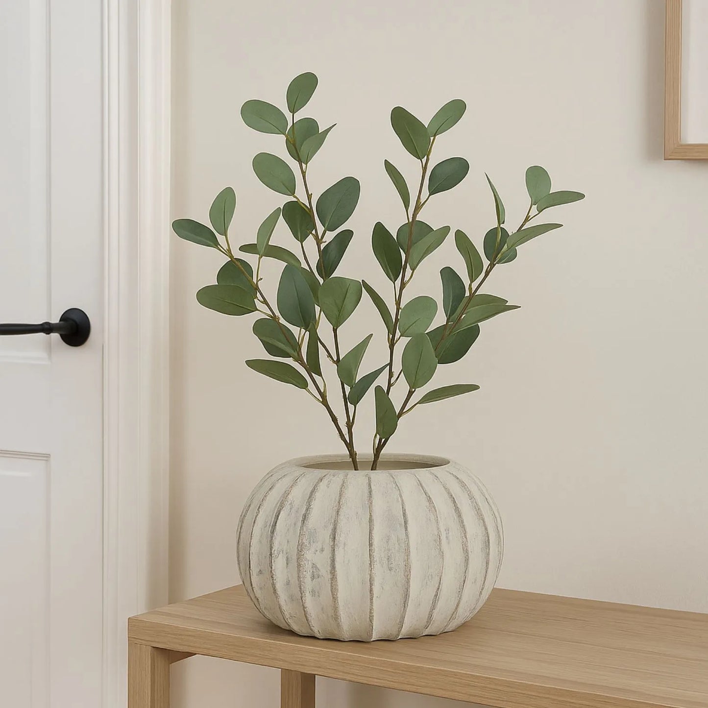 Rotund Neutral Grey & White-Washed Textured Ceramic Vase with Carved Vertical Detailing – Rounded Decorative Sculptural Vase with Textured Finish 20x30x30cm | Click Style