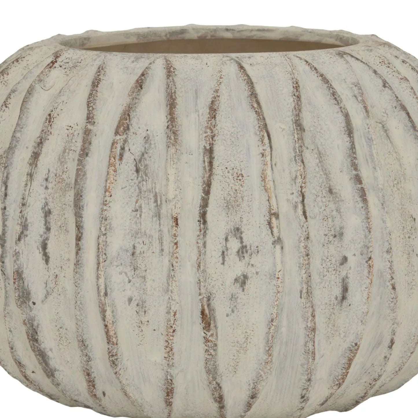 Rotund Neutral Grey & White-Washed Textured Ceramic Vase with Carved Vertical Detailing – Rounded Decorative Sculptural Vase with Textured Finish 20x30x30cm | Click Style