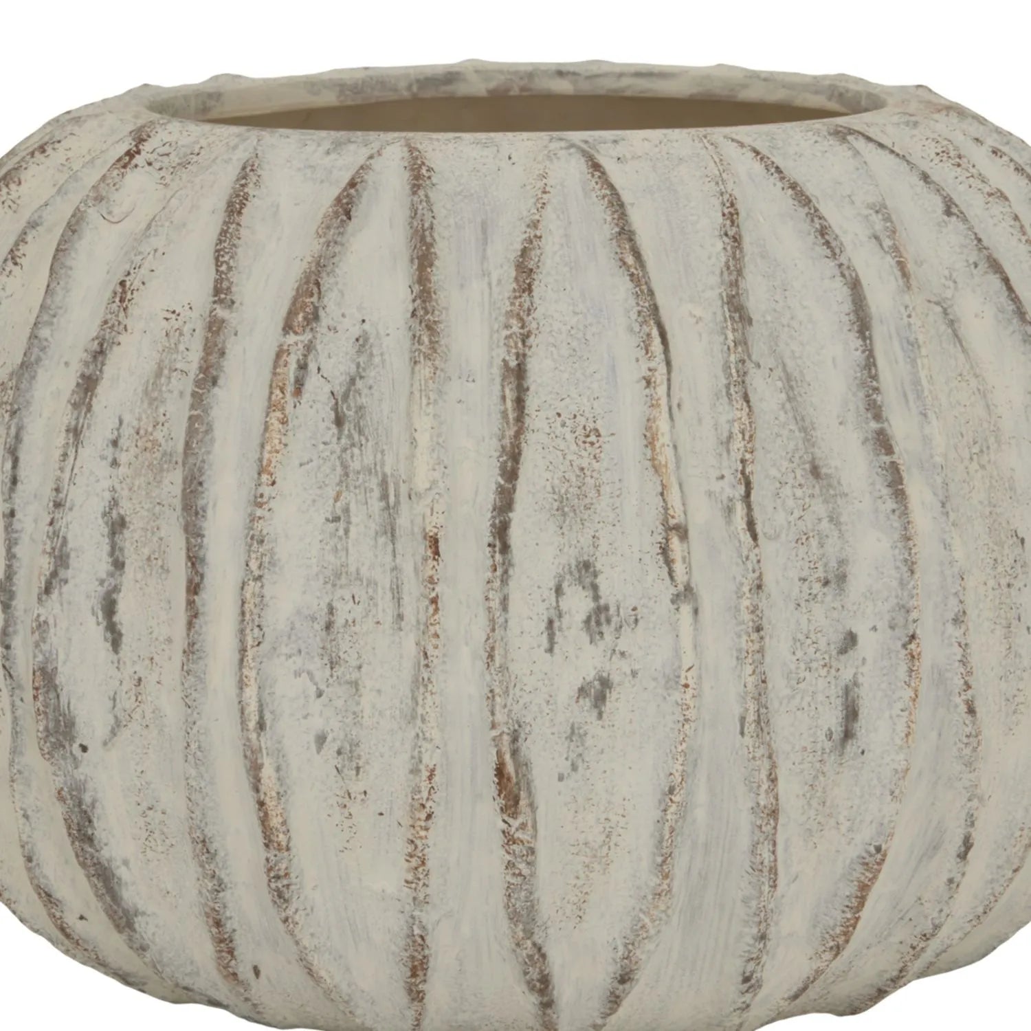 Rotund Neutral Grey & White-Washed Textured Ceramic Vase with Carved Vertical Detailing – Rounded Decorative Sculptural Vase with Textured Finish 20x30x30cm | Click Style