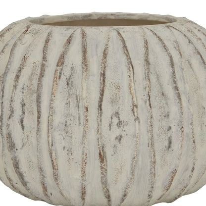 Rotund Neutral Grey & White-Washed Textured Ceramic Vase with Carved Vertical Detailing – Rounded Decorative Sculptural Vase with Textured Finish 20x30x30cm | Click Style