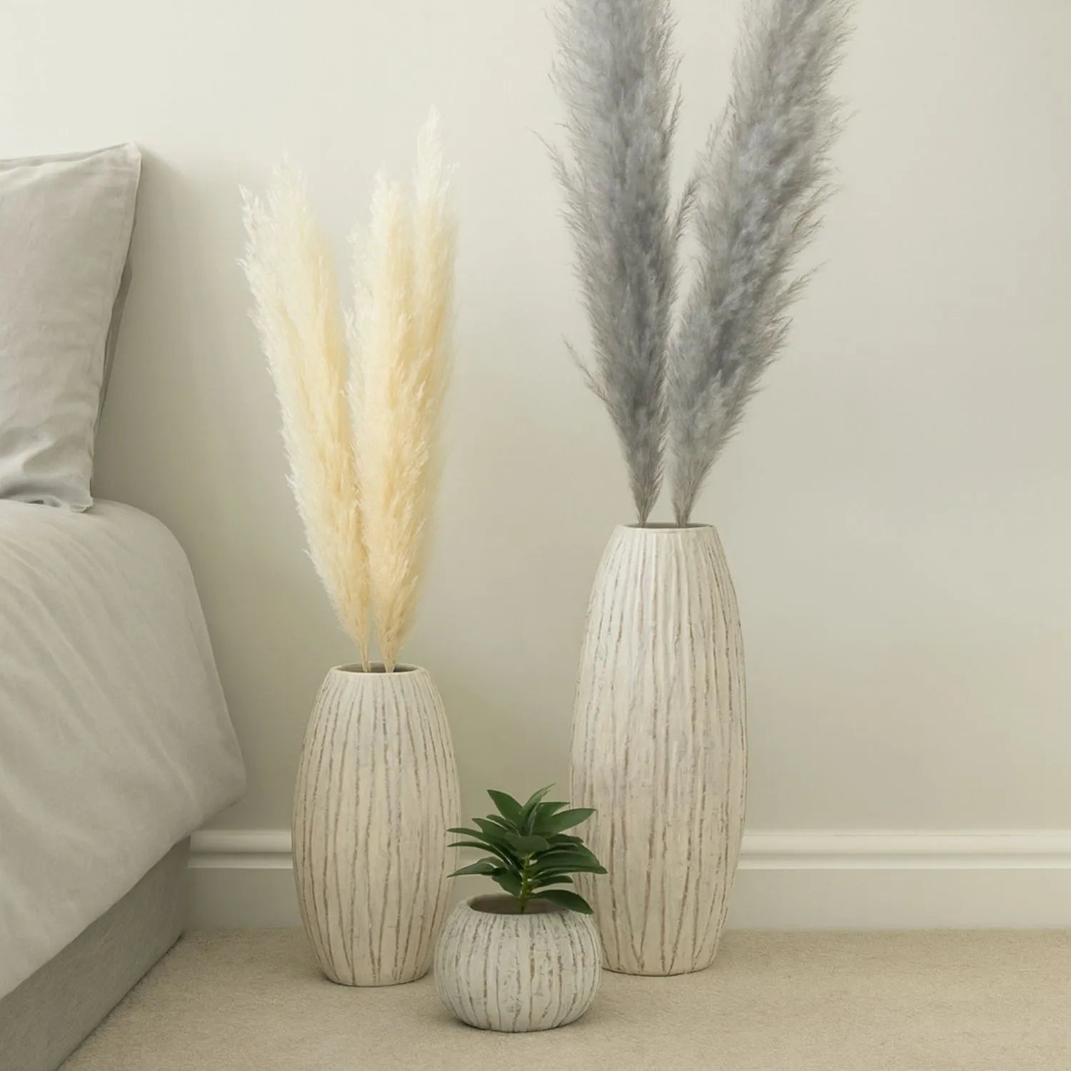 Rotund Neutral Grey & White-Washed Textured Ceramic Vase with Carved Vertical Detailing – Rounded Decorative Sculptural Vase with Textured Finish 20x30x30cm | Click Style