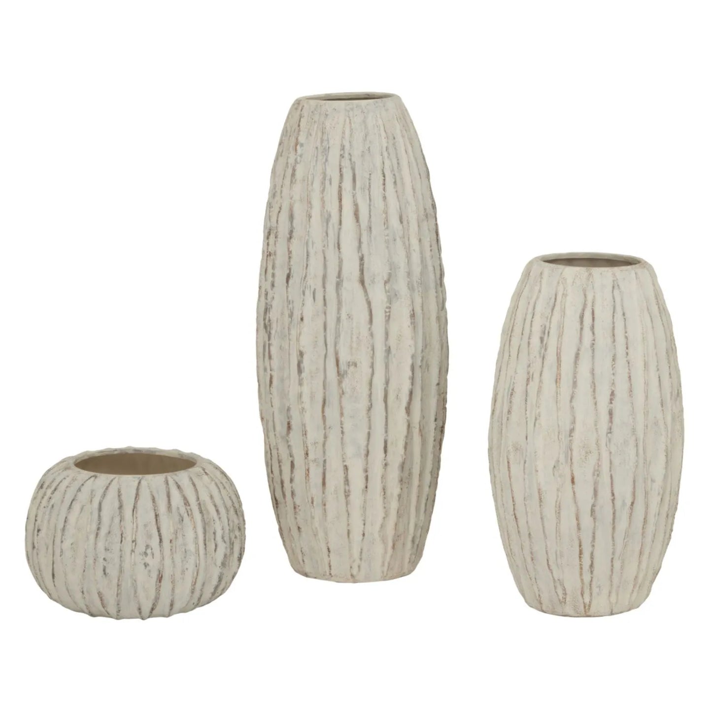 Rotund Neutral Grey & White-Washed Textured Ceramic Vase with Carved Vertical Detailing – Rounded Decorative Sculptural Vase with Textured Finish 20x30x30cm | Click Style