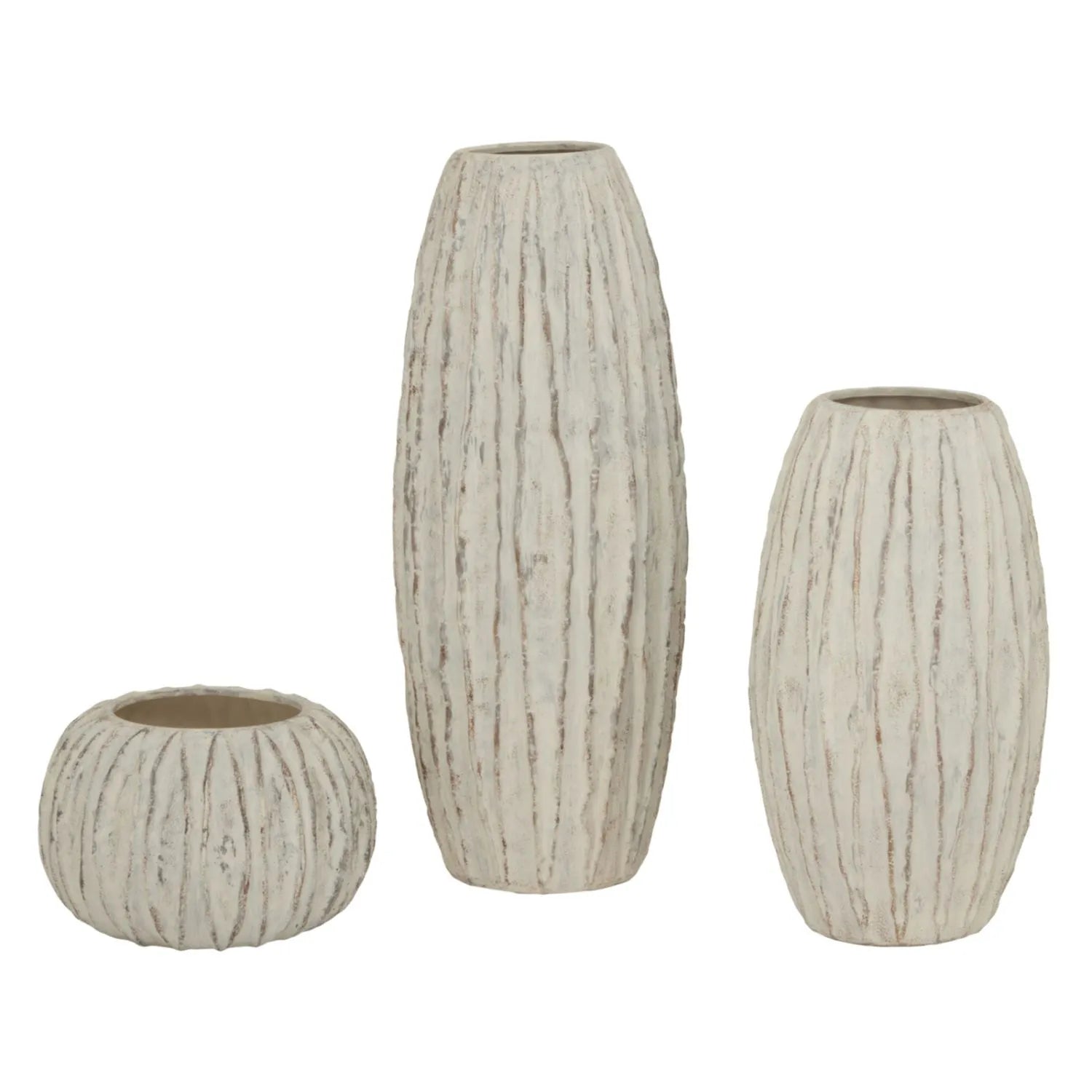 Rotund Neutral Grey & White-Washed Textured Ceramic Vase with Carved Vertical Detailing – Rounded Decorative Sculptural Vase with Textured Finish 20x30x30cm | Click Style