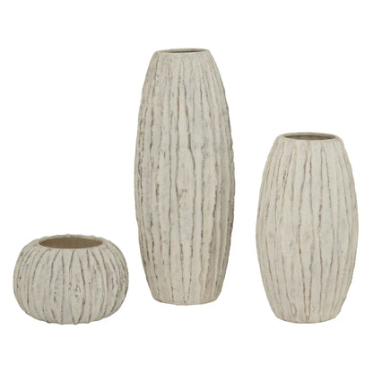 Rotund Neutral Grey & White-Washed Textured Ceramic Vase with Carved Vertical Detailing – Rounded Decorative Sculptural Vase with Textured Finish 20x30x30cm | Click Style