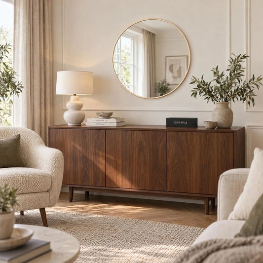 Round Champagne Gold Wall Mirror with Slim Metal Frame – Contemporary Circular Mirror 60x4cm displayed above a walnut sideboard in a modern living room with cream bouclé seating and black CLICK STYLE branding | Click Style