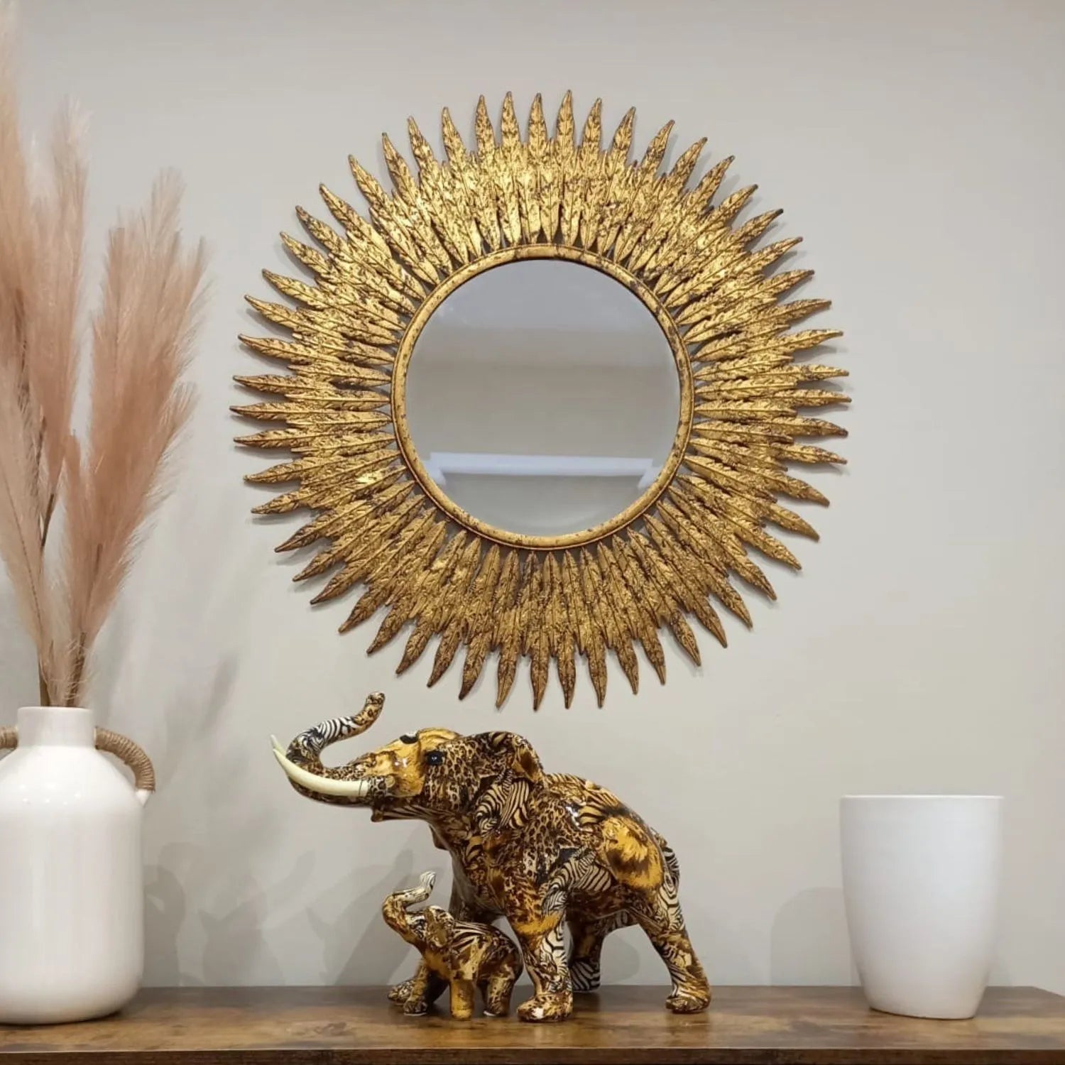 Round Feather Design Aged Gold Wall Mirror 62x1.5cm – Click Style