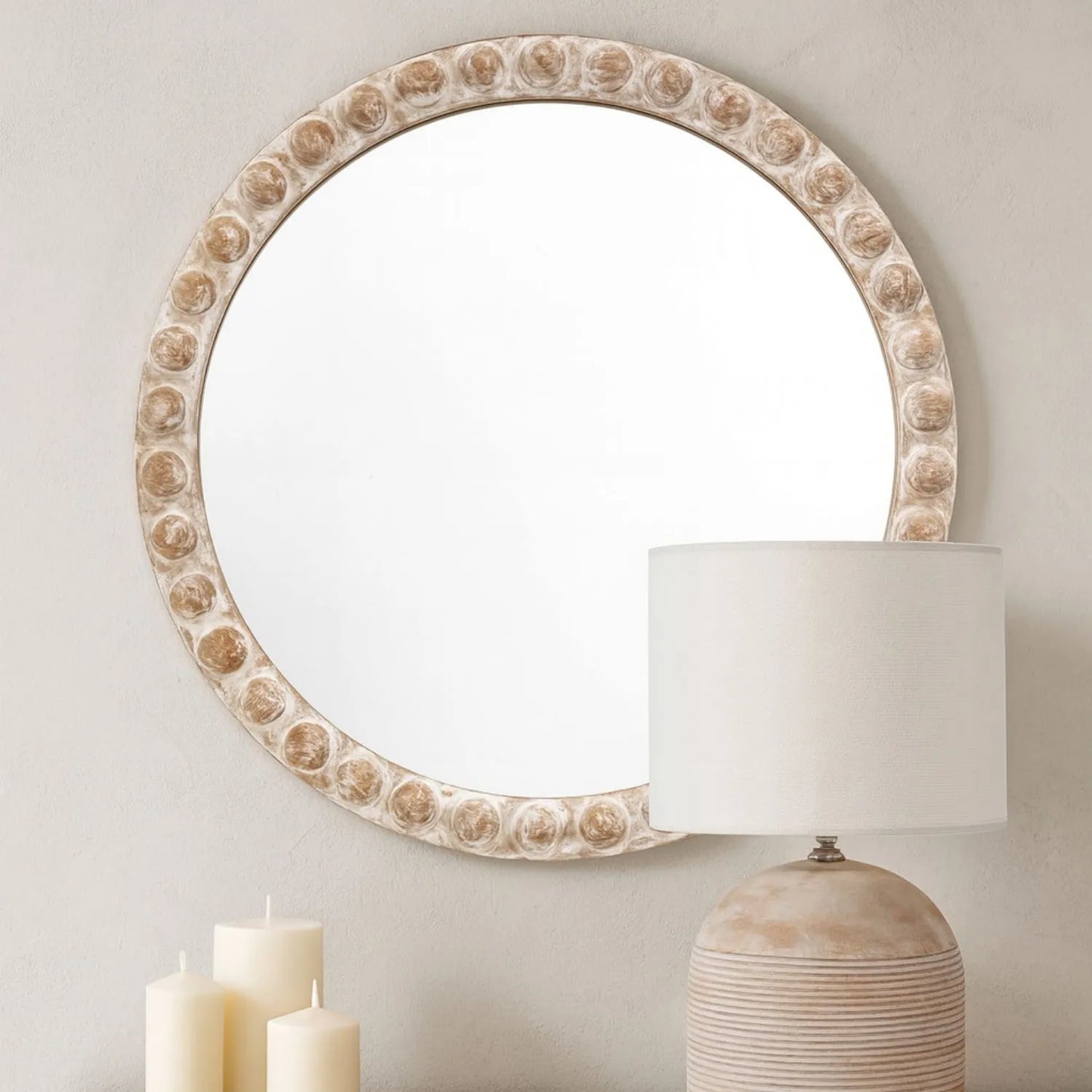 Round rustic whitewashed wood effect bobbin wall mirror 65x65cm – decorative beaded frame circular mirror for modern rustic and Scandi interiors | Click Style