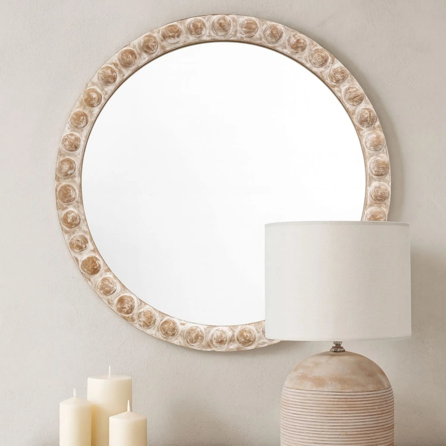 Round rustic whitewashed wood effect bobbin wall mirror 65x65cm – decorative beaded frame circular mirror for modern rustic and Scandi interiors | Click Style