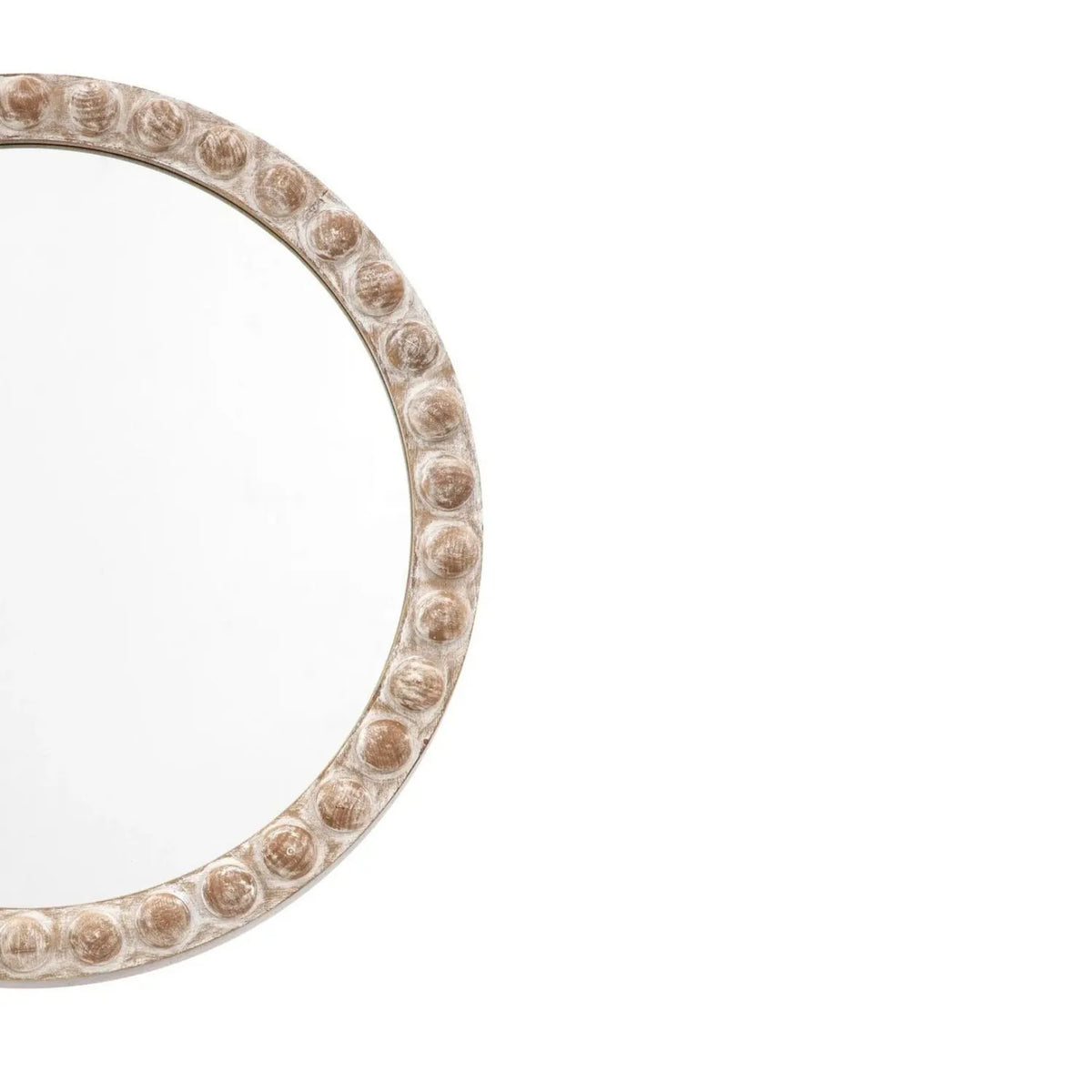 Round Whitewashed Wood Effect Bobbin Wall Mirror with Raised Bobbin Frame – Rustic Decorative Mirror 65x65x5cm – Raised Bobbin Frame Close-Up | Click Style