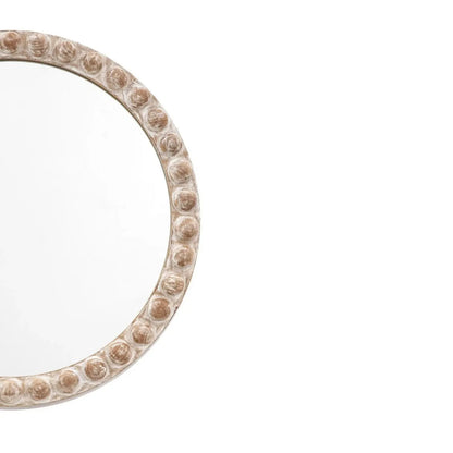 Round Whitewashed Wood Effect Bobbin Wall Mirror with Raised Bobbin Frame – Rustic Decorative Mirror 65x65x5cm – Raised Bobbin Frame Close-Up | Click Style
