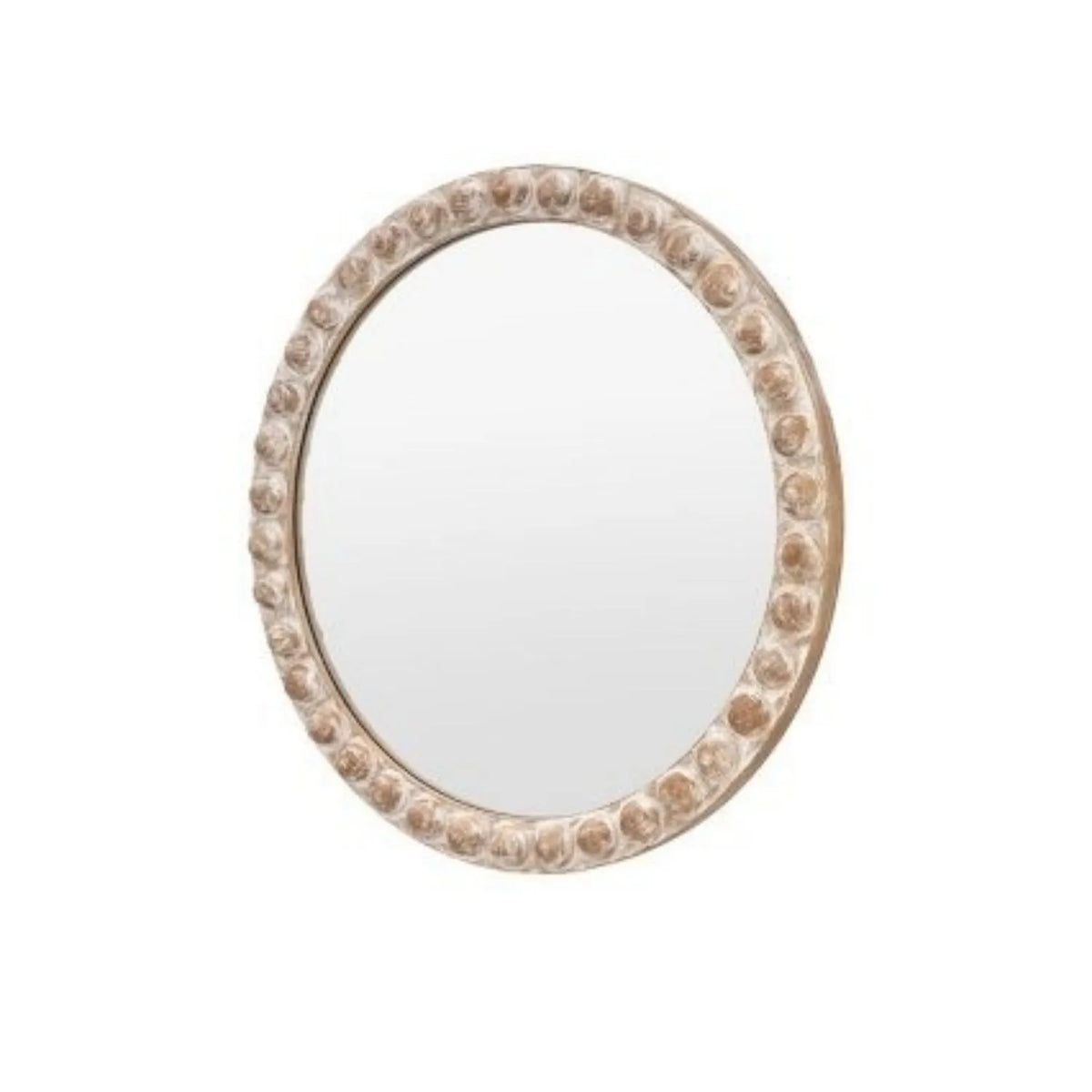 Round Whitewashed Wood Effect Bobbin Wall Mirror with Raised Bobbin Frame – Rustic Decorative Mirror 65x65x5cm – Angled Side View | Click Style