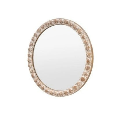 Round Whitewashed Wood Effect Bobbin Wall Mirror with Raised Bobbin Frame – Rustic Decorative Mirror 65x65x5cm – Angled Side View | Click Style