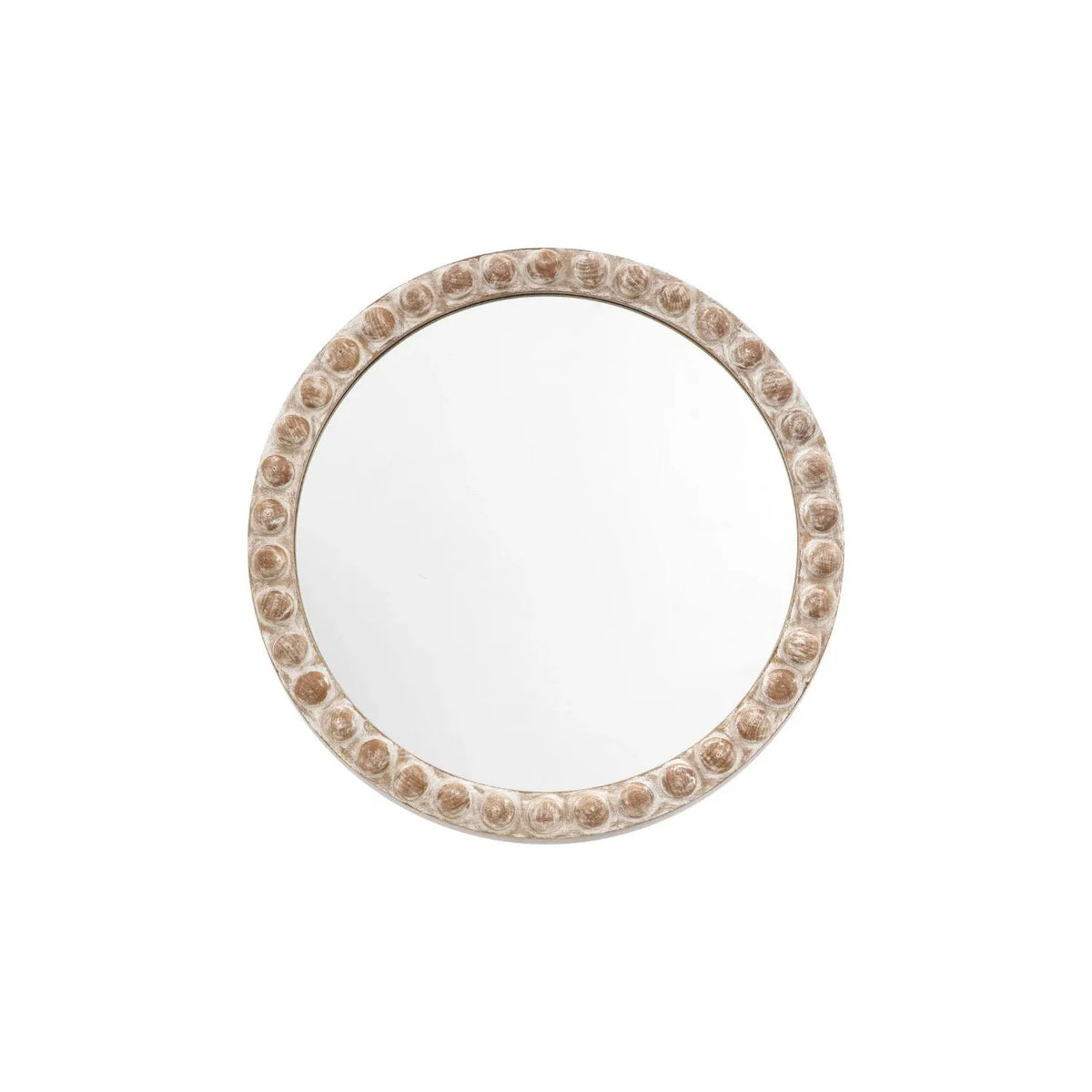 Round Whitewashed Wood Effect Bobbin Wall Mirror with Raised Bobbin Frame – Rustic Decorative Mirror 65x65x5cm – Full Front View | Click Style