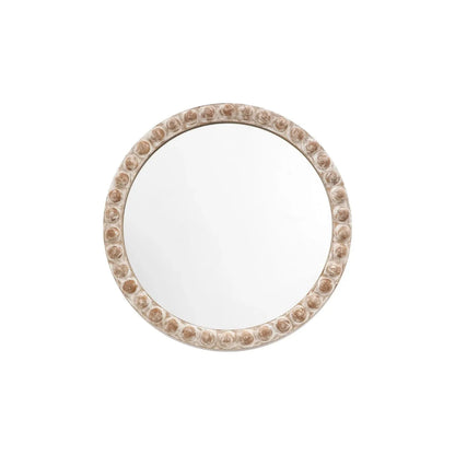 Round Whitewashed Wood Effect Bobbin Wall Mirror with Raised Bobbin Frame – Rustic Decorative Mirror 65x65x5cm – Full Front View | Click Style