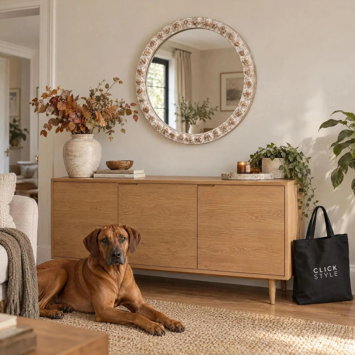 Round Whitewashed Wood Effect Bobbin Wall Mirror with Raised Bobbin Frame – Rustic Decorative Mirror 65x65x5cm – Living Room Styling with Rhodesian Ridgeback | Click Style