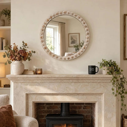 Round Whitewashed Wood Effect Bobbin Wall Mirror with Raised Bobbin Frame – Rustic Decorative Mirror 65x65x5cm – Styled Above Stone Fireplace & Mantelpiece | Click Style
