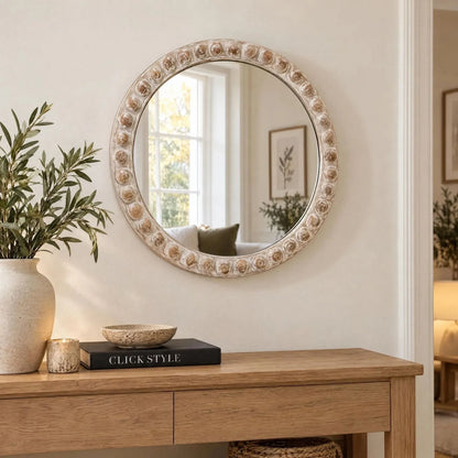 Round Whitewashed Wood Effect Bobbin Wall Mirror with Raised Bobbin Frame – Rustic Decorative Mirror 65x65x5cm – Styled Above Natural Oak Console Table | Click Style
