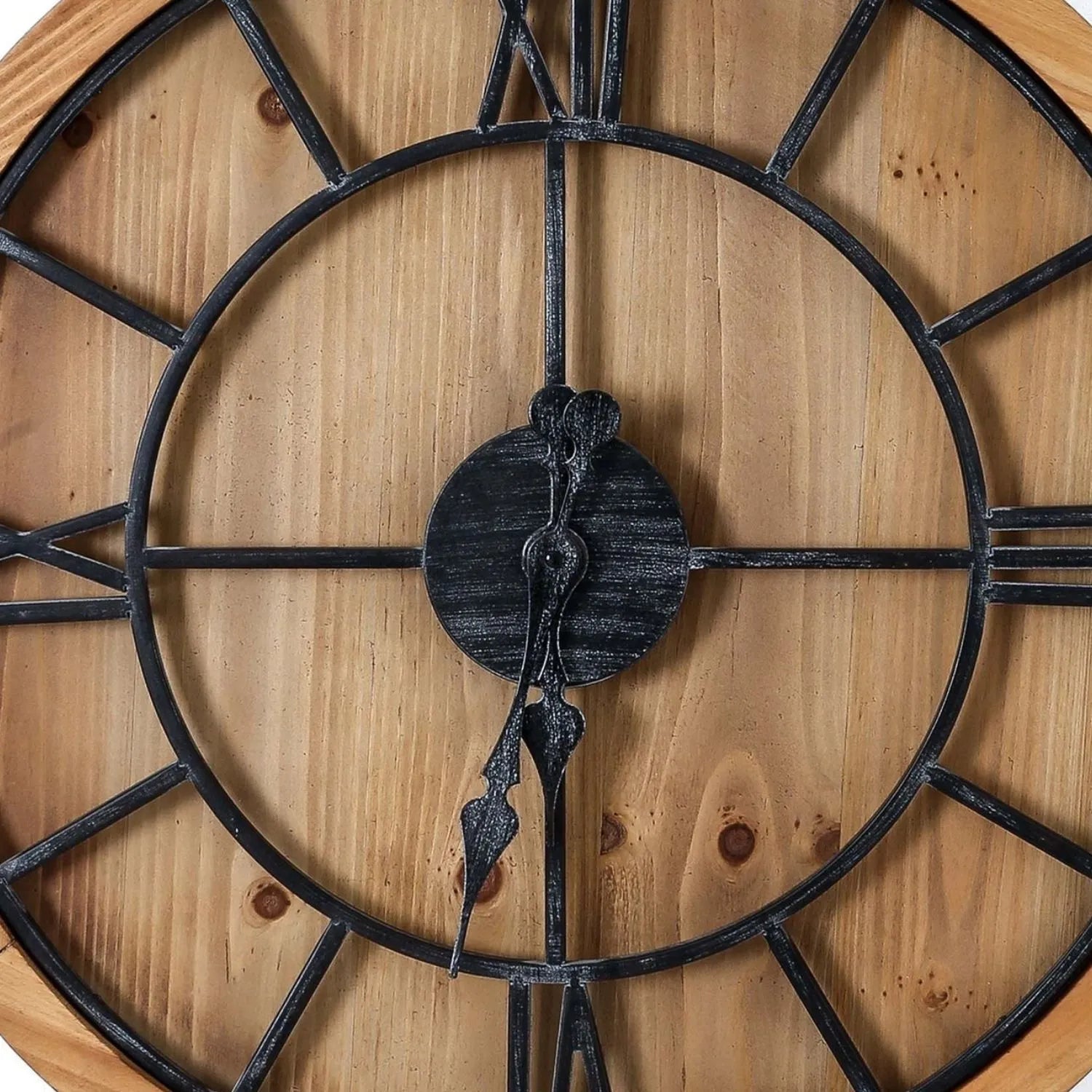 Round Wooden Wall Clock with Black Metal Roman Numerals & Hands 60x60x5cm - Click Style