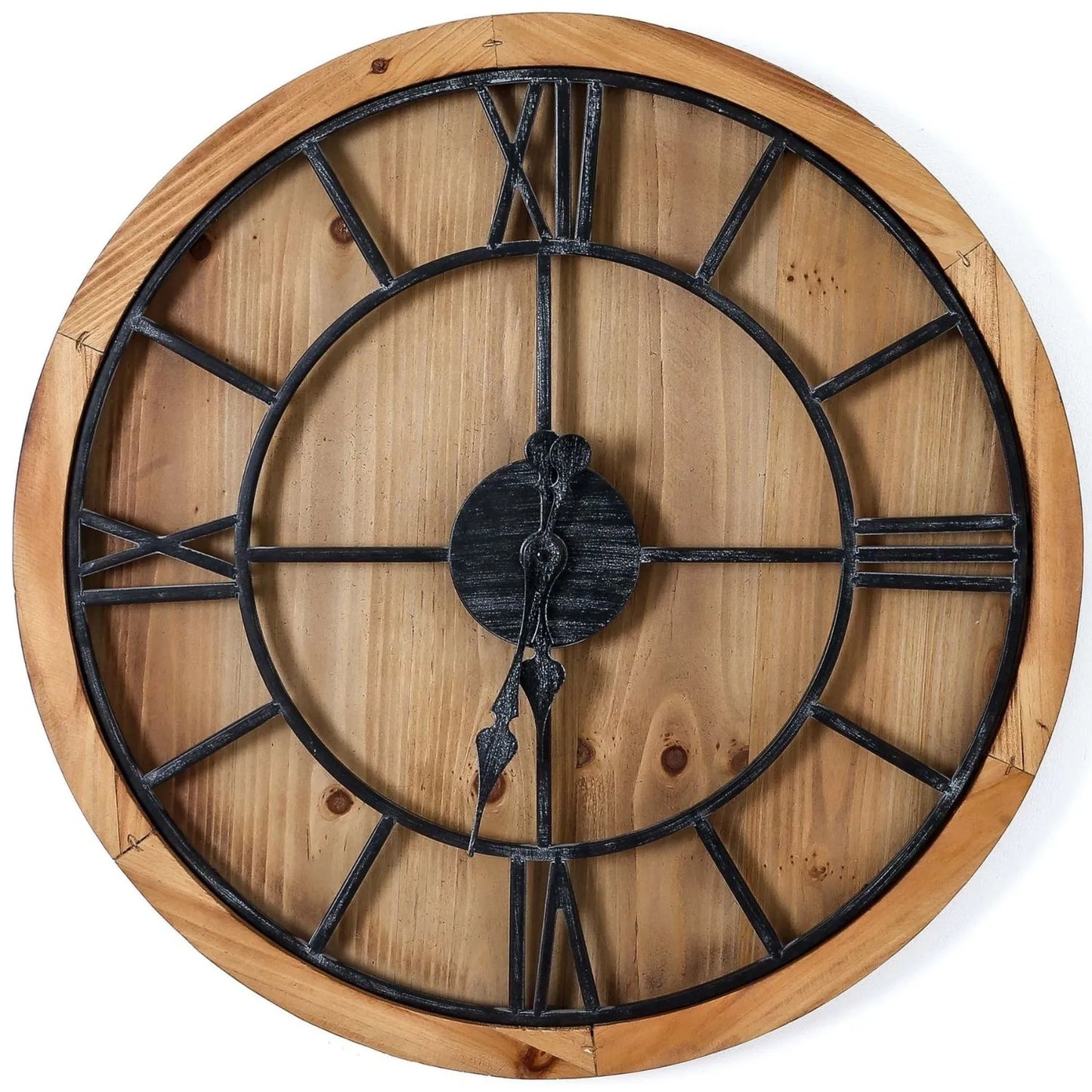 Round Wooden Wall Clock with Black Metal Roman Numerals & Hands 60x60x5cm - Click Style