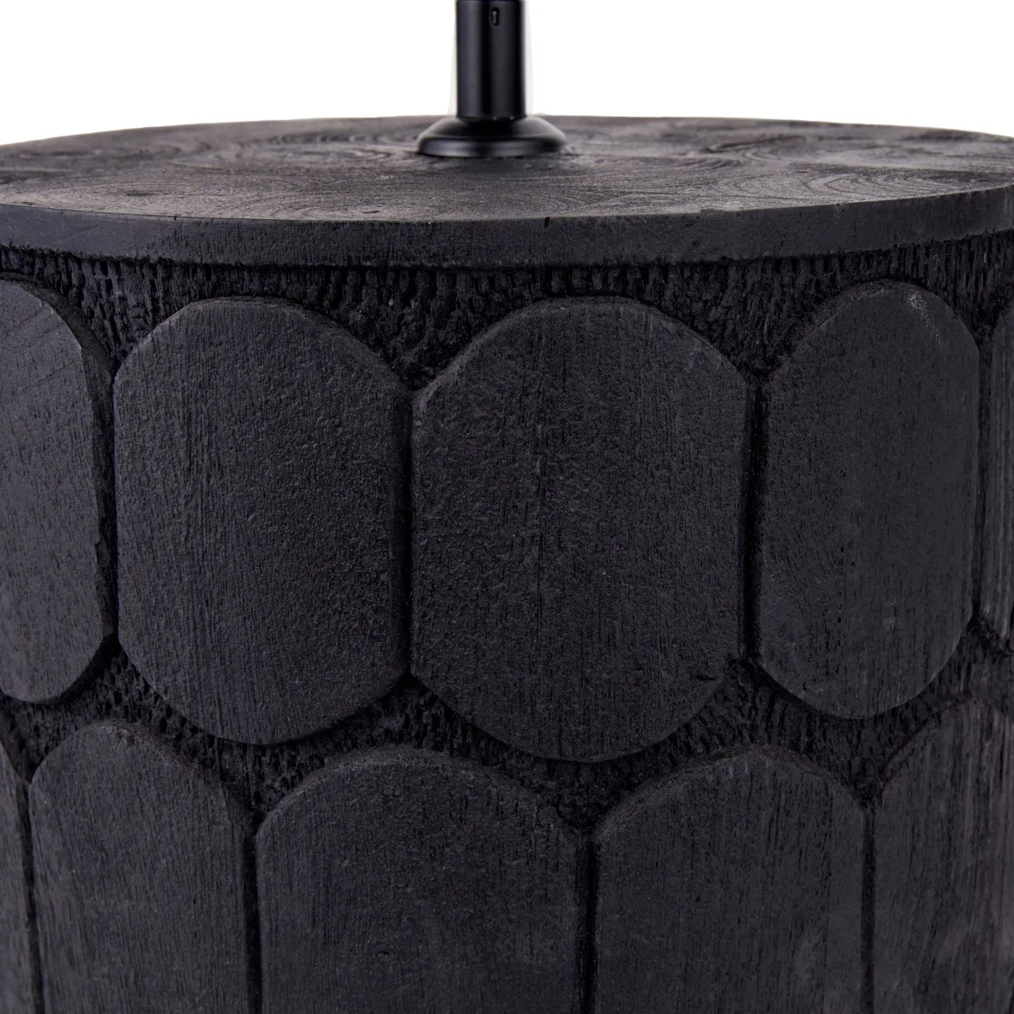 Rustic Black Mango Wood Table Lamp Base with Hand-Carved Embossed Scallop Design – Wide Cylindrical Wooden Light 30x25x25cm - Click Style