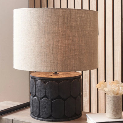 Rustic Black Mango Wood Table Lamp Base with Hand-Carved Embossed Scallop Design – Wide Cylindrical Wooden Light 30x25x25cm - Click Style