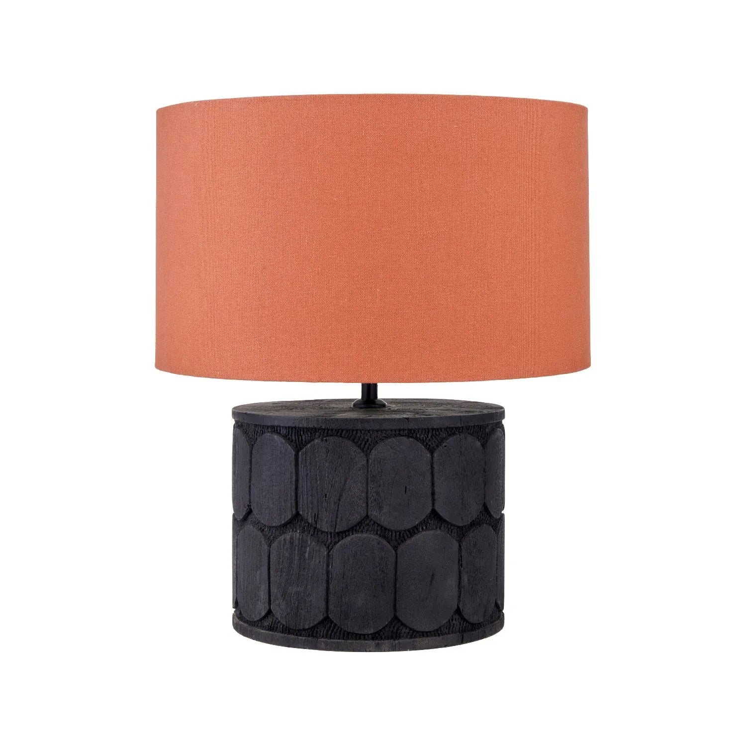 Rustic Black Mango Wood Table Lamp Base with Hand-Carved Embossed Scallop Design – Wide Cylindrical Wooden Light 30x25x25cm - Click Style