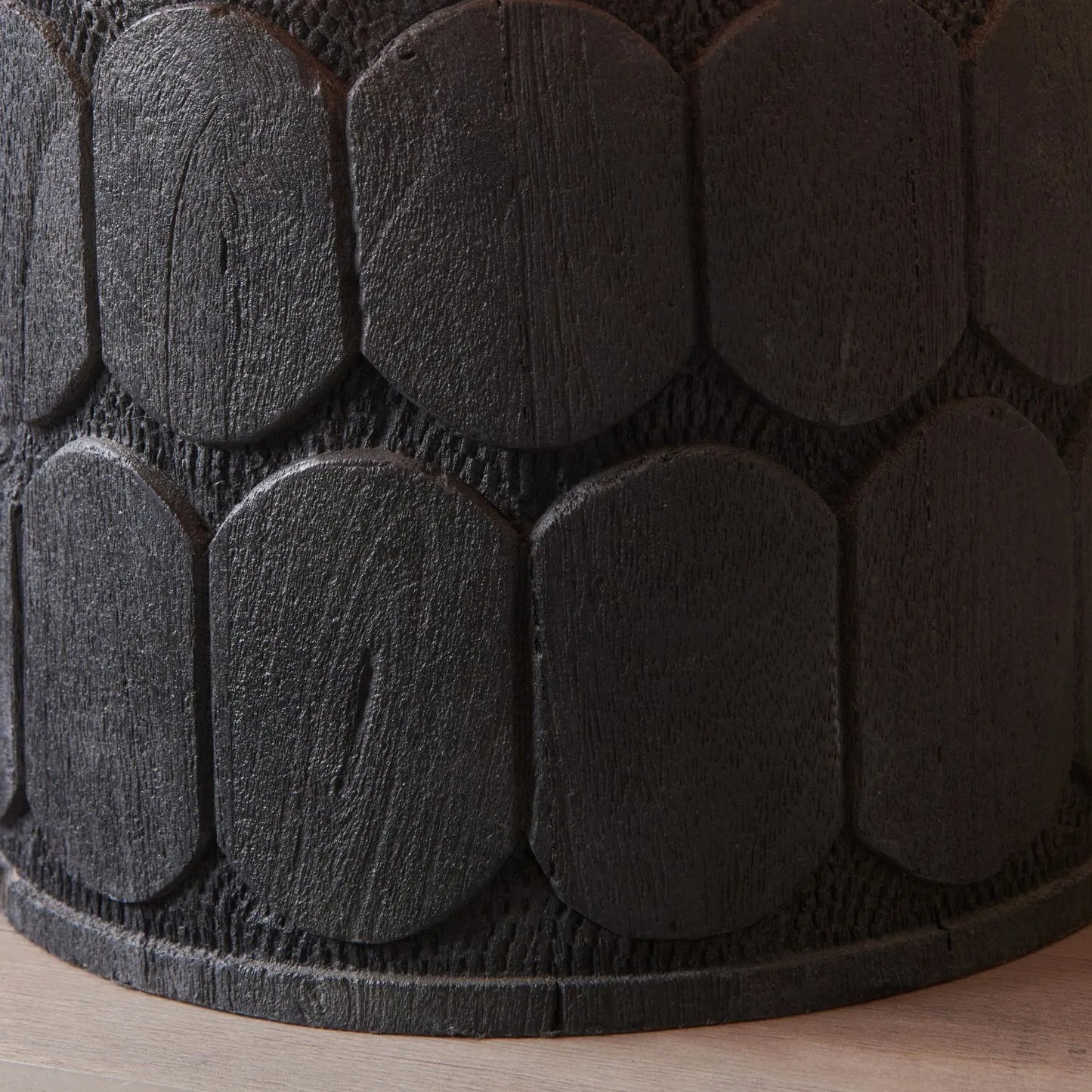 Rustic Black Mango Wood Table Lamp Base with Hand-Carved Embossed Scallop Design – Wide Cylindrical Wooden Light 30x25x25cm - Click Style