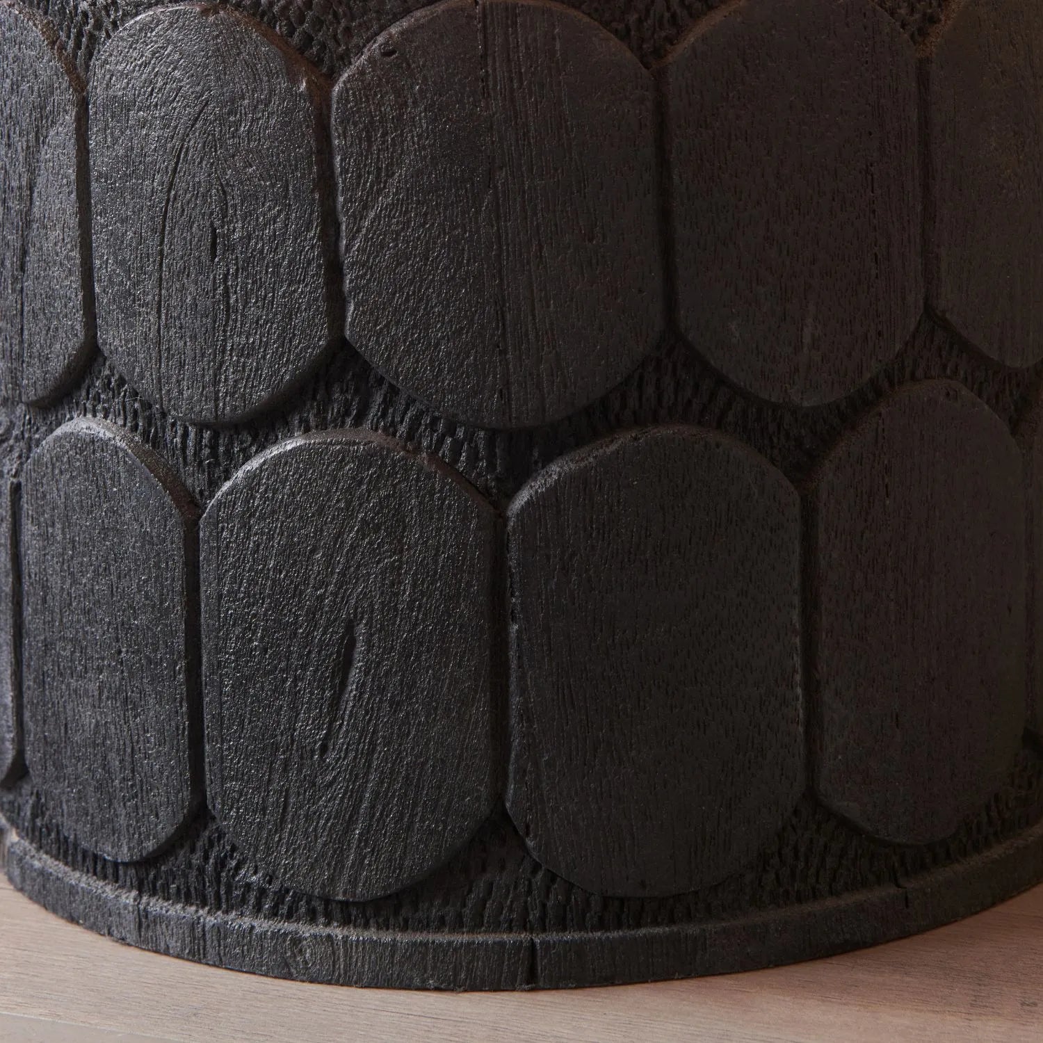 Rustic Black Mango Wood Table Lamp Base with Hand-Carved Embossed Scallop Design – Wide Cylindrical Wooden Light 30x25x25cm - Click Style