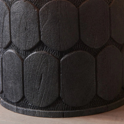 Rustic Black Mango Wood Table Lamp Base with Hand-Carved Embossed Scallop Design – Wide Cylindrical Wooden Light 30x25x25cm - Click Style