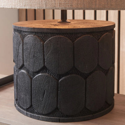 Rustic Black Mango Wood Table Lamp Base with Hand-Carved Embossed Scallop Design – Wide Cylindrical Wooden Light 30x25x25cm - Click Style