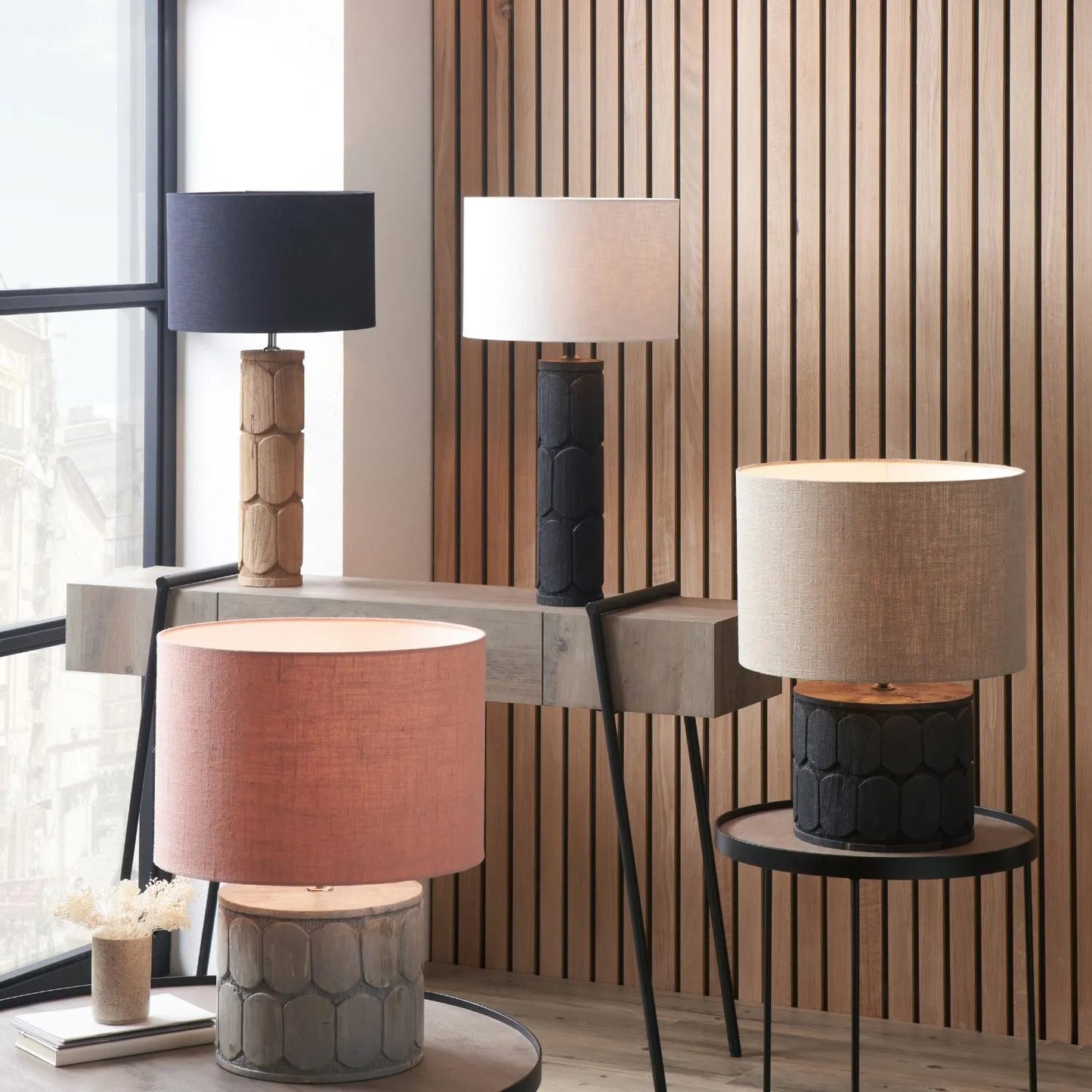 Rustic Black Mango Wood Table Lamp Base with Hand-Carved Embossed Scallop Design – Wide Cylindrical Wooden Light 30x25x25cm - Click Style