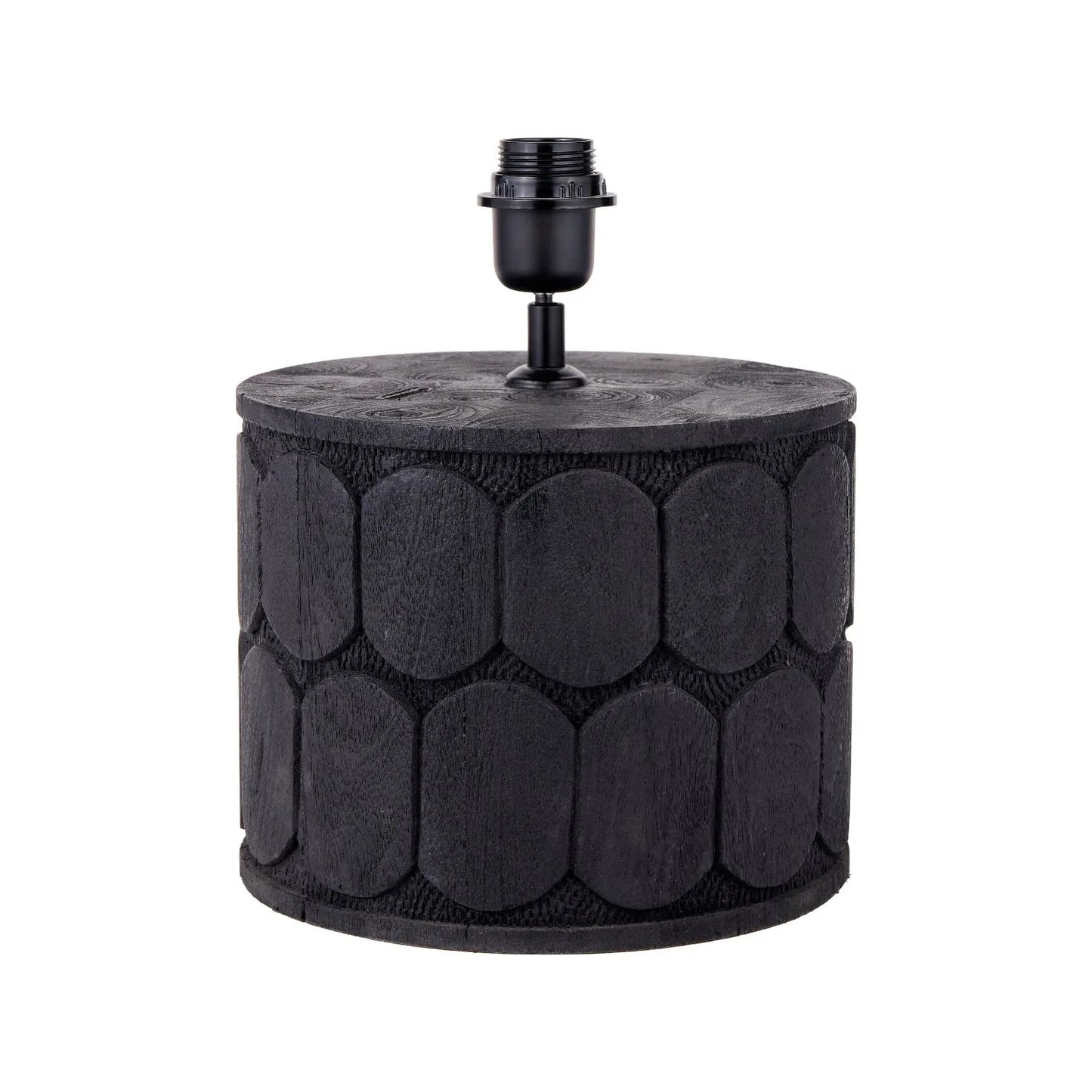 Rustic Black Mango Wood Table Lamp Base with Hand-Carved Embossed Scallop Design – Wide Cylindrical Wooden Light 30x25x25cm - Click Style
