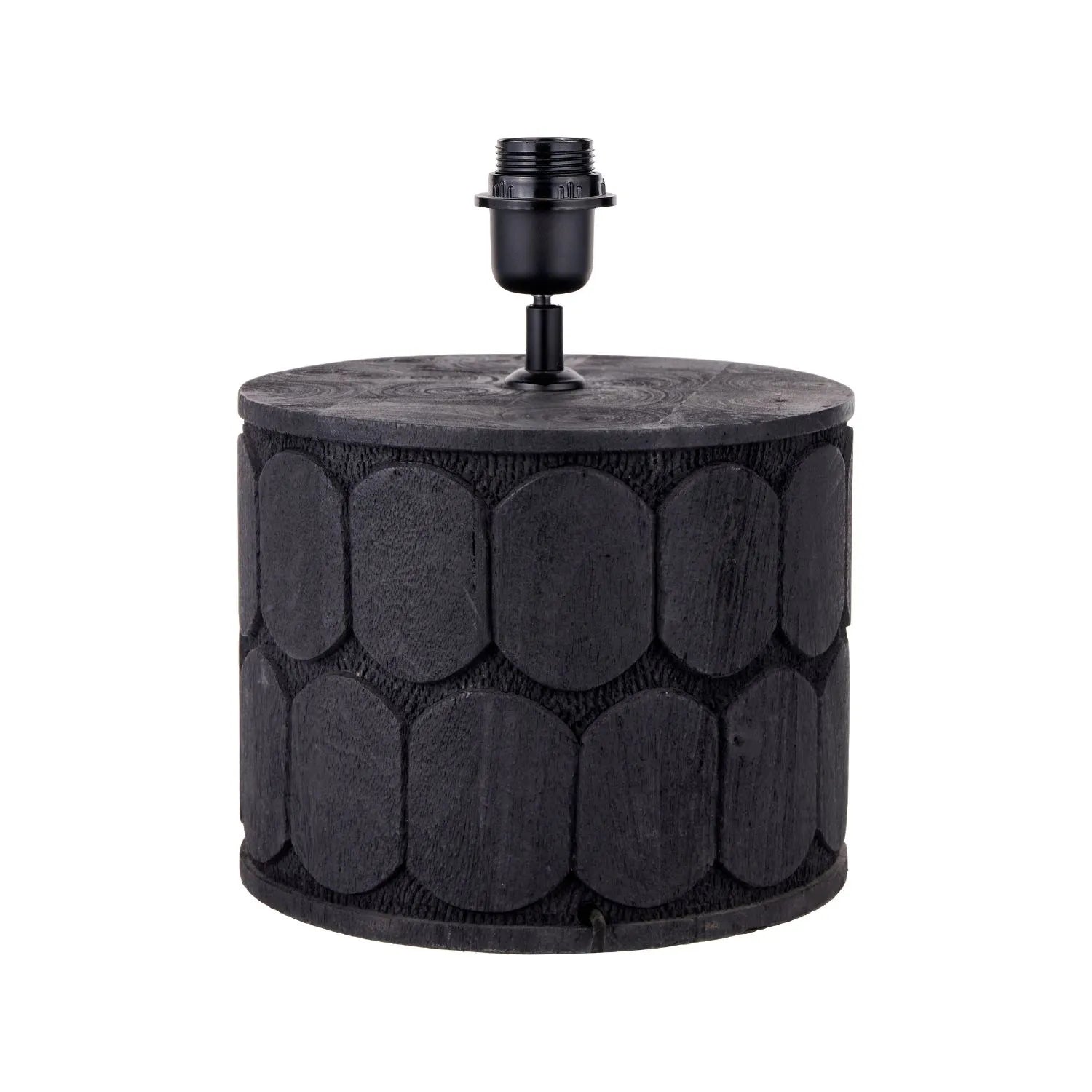 Rustic Black Mango Wood Table Lamp Base with Hand-Carved Embossed Scallop Design – Wide Cylindrical Wooden Light 30x25x25cm - Click Style