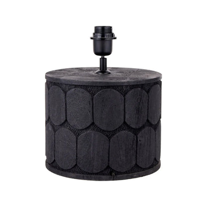 Rustic Black Mango Wood Table Lamp Base with Hand-Carved Embossed Scallop Design – Wide Cylindrical Wooden Light 30x25x25cm - Click Style