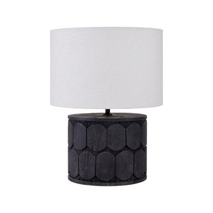 Rustic Black Mango Wood Table Lamp with White Linen Drum Shade – Hand-Carved Scallop Design Wooden Light 50x40x40cm - Click Style