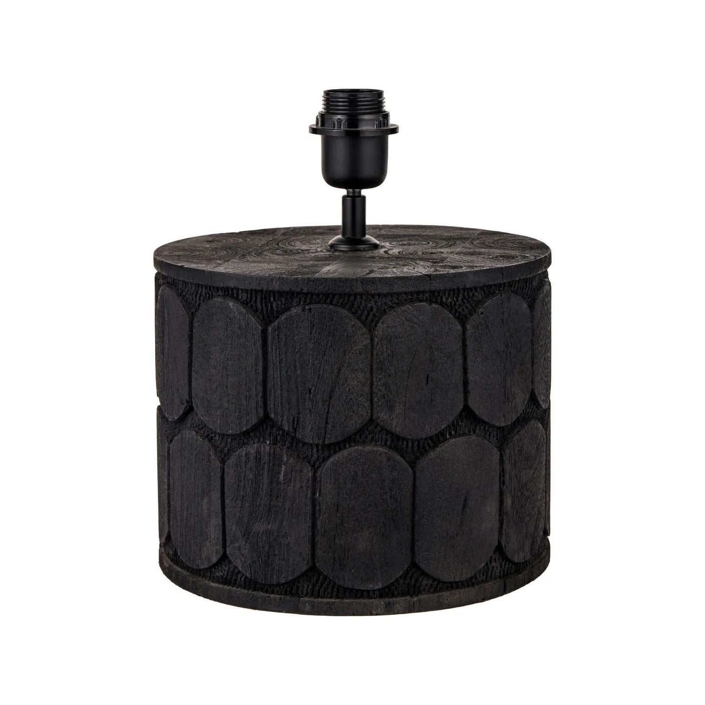 Rustic Black Mango Wood Table Lamp with White Linen Drum Shade – Hand-Carved Scallop Design Wooden Light 50x40x40cm - Click Style
