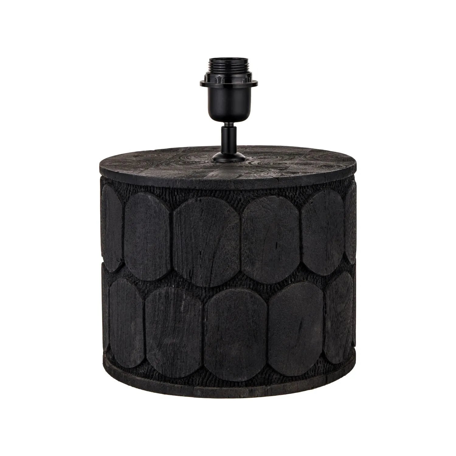 Rustic Black Mango Wood Table Lamp with White Linen Drum Shade – Hand-Carved Scallop Design Wooden Light 50x40x40cm - Click Style