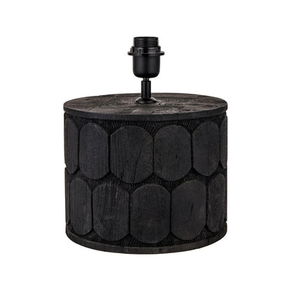 Rustic Black Mango Wood Table Lamp with White Linen Drum Shade – Hand-Carved Scallop Design Wooden Light 50x40x40cm - Click Style
