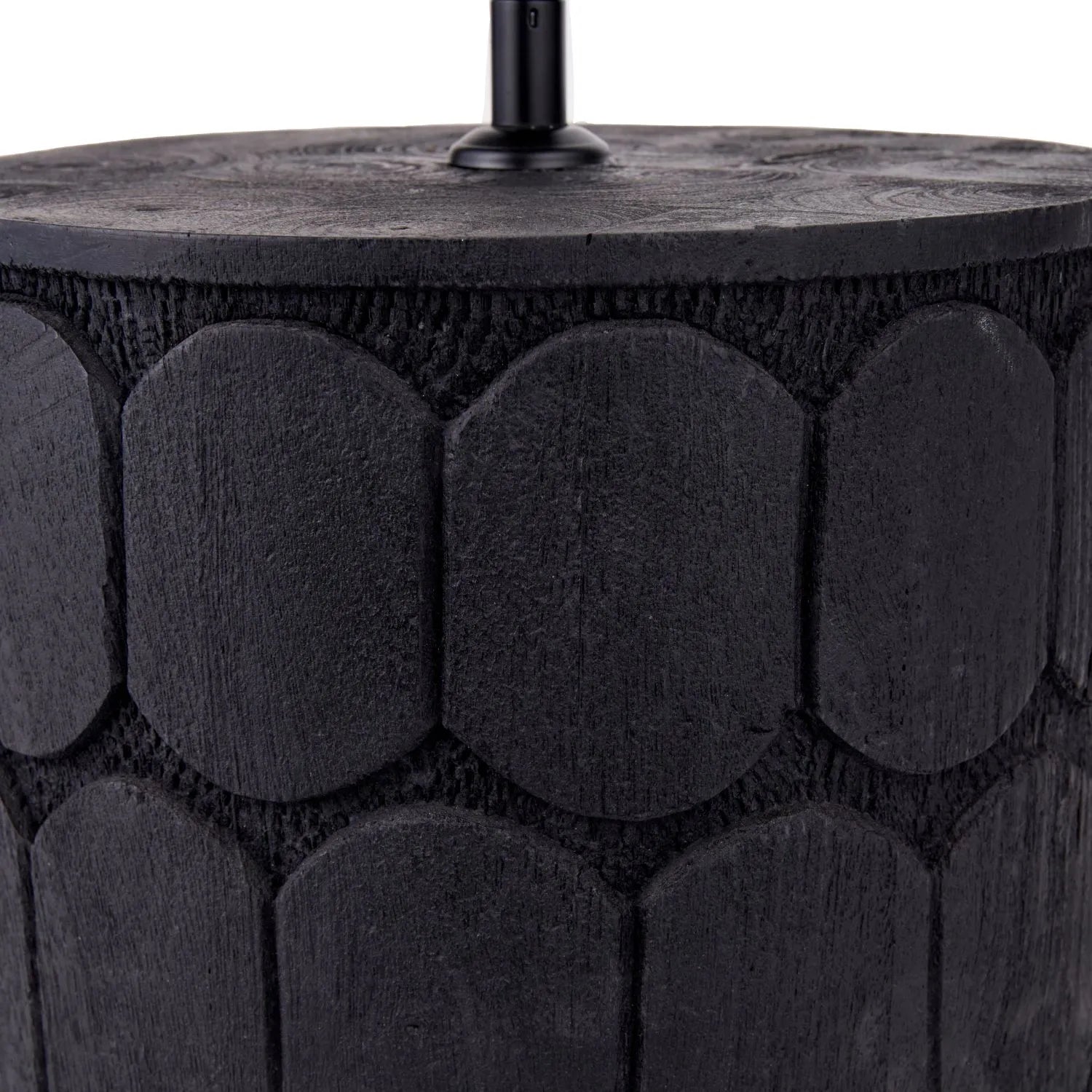Rustic Black Mango Wood Table Lamp with White Linen Drum Shade – Hand-Carved Scallop Design Wooden Light 50x40x40cm - Click Style