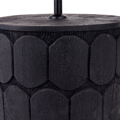Rustic Black Mango Wood Table Lamp with White Linen Drum Shade – Hand-Carved Scallop Design Wooden Light 50x40x40cm - Click Style